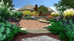 Well cared for landscape with brick paver patio.