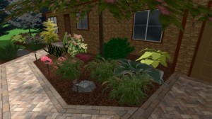 Front paver walkway with garden and lighting.