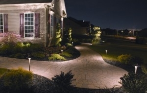 Brick Walkway lit at night.