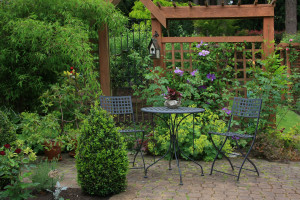 Cozy little back yard terrace with table and chair.