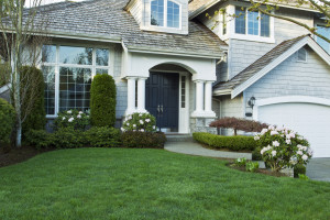  Front yard with flowering bushes.