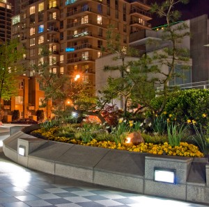 Outdoor landscape garden at night in Downtown of Vancouver, Cana