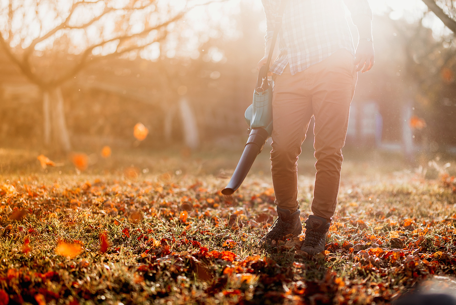 Landscape company cleaning up leaves in Autumn. 