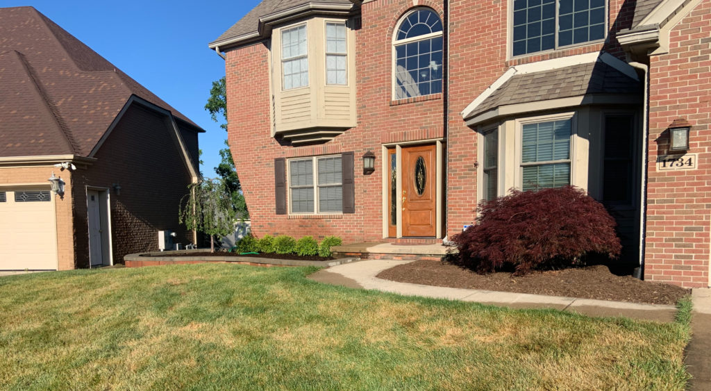 front of a house with small landscape project. red bush and small green bushes