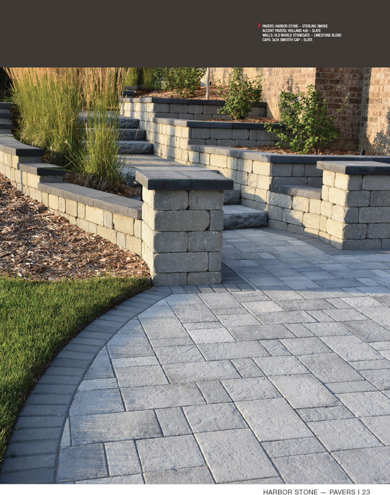 Stone walkway and paver patio at sunset.