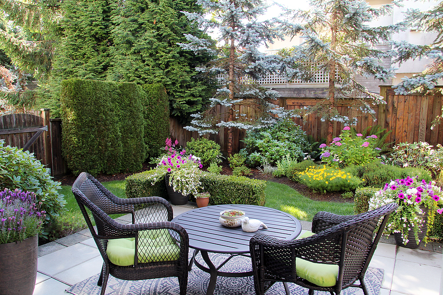 Beautiful backyard patio with vibrant landscape and functional hardscapes.