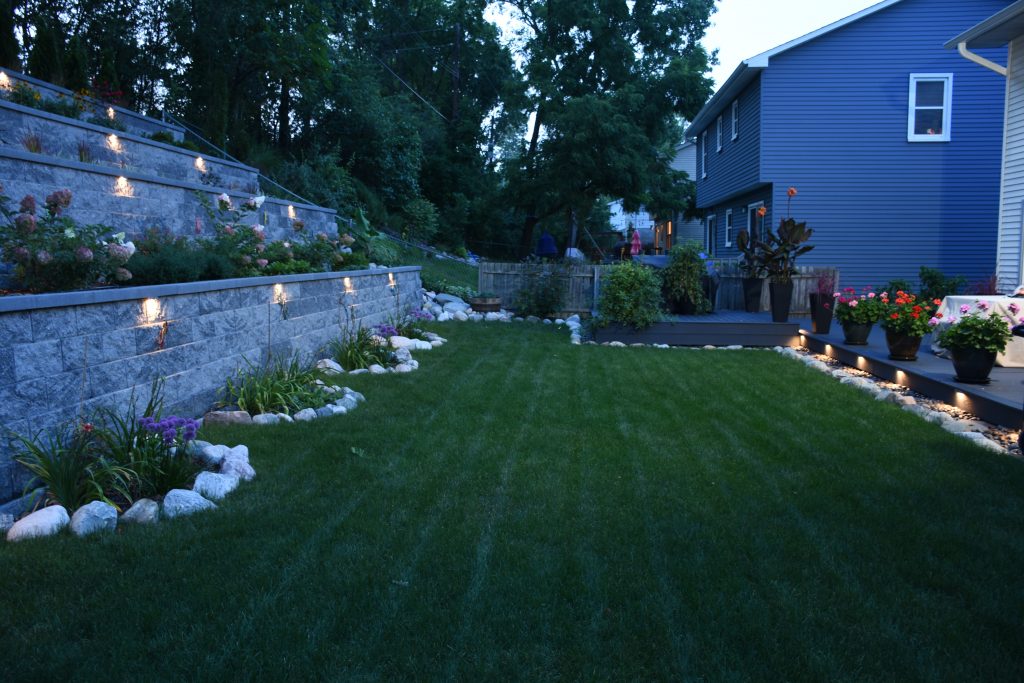 terraced wall at night with lights in ann arbor michigan