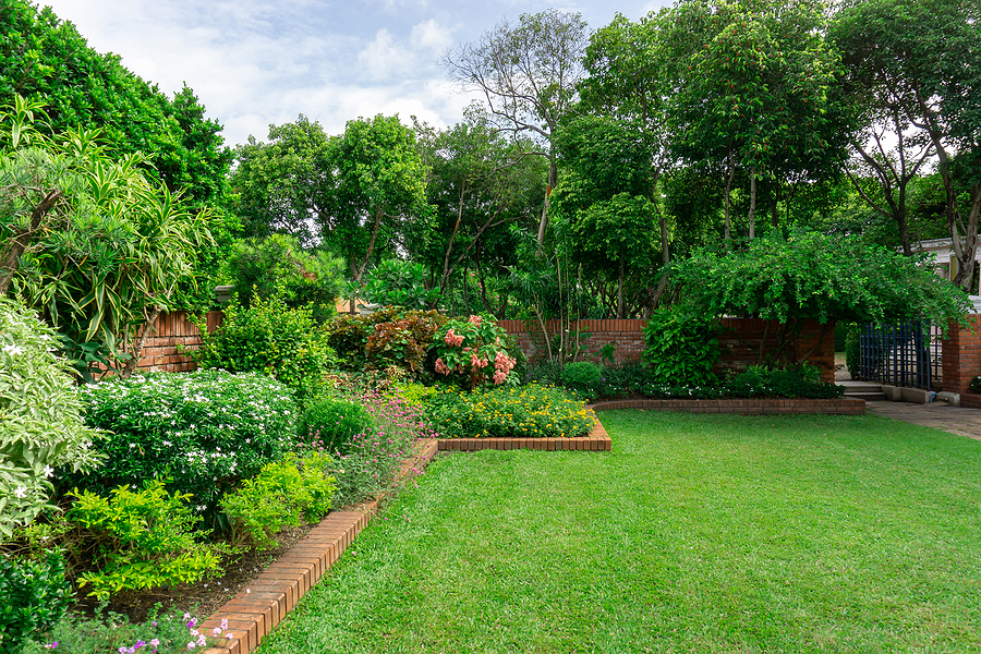 Lush green lawn and well manicured landscape.