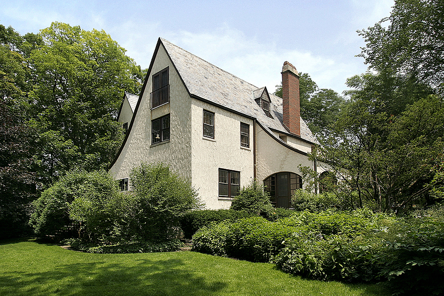 Rear view of luxury home in summer