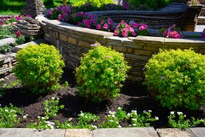landscaping installation of rounded retaining walls with flower beds surrounding